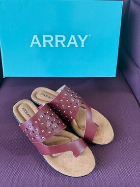 ARRAY Burgundy Studded Toe-Post Slide Sandals